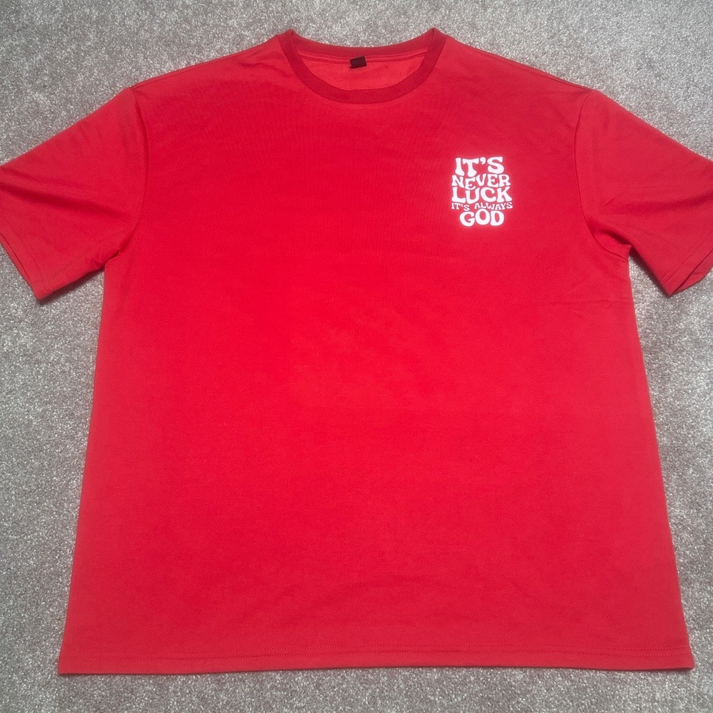 Mens XL It's Never Luck It's Always God Graphic Tee Red Religious T-Shirt